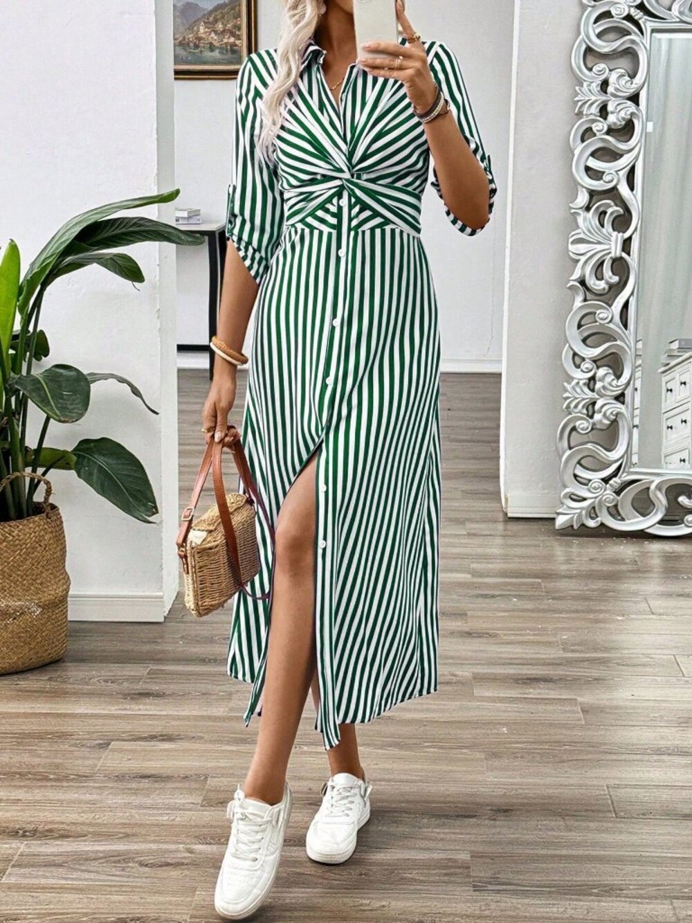 Green Casual Women's Mid-Length Sleeve Long Dress - Picture 5 of 5